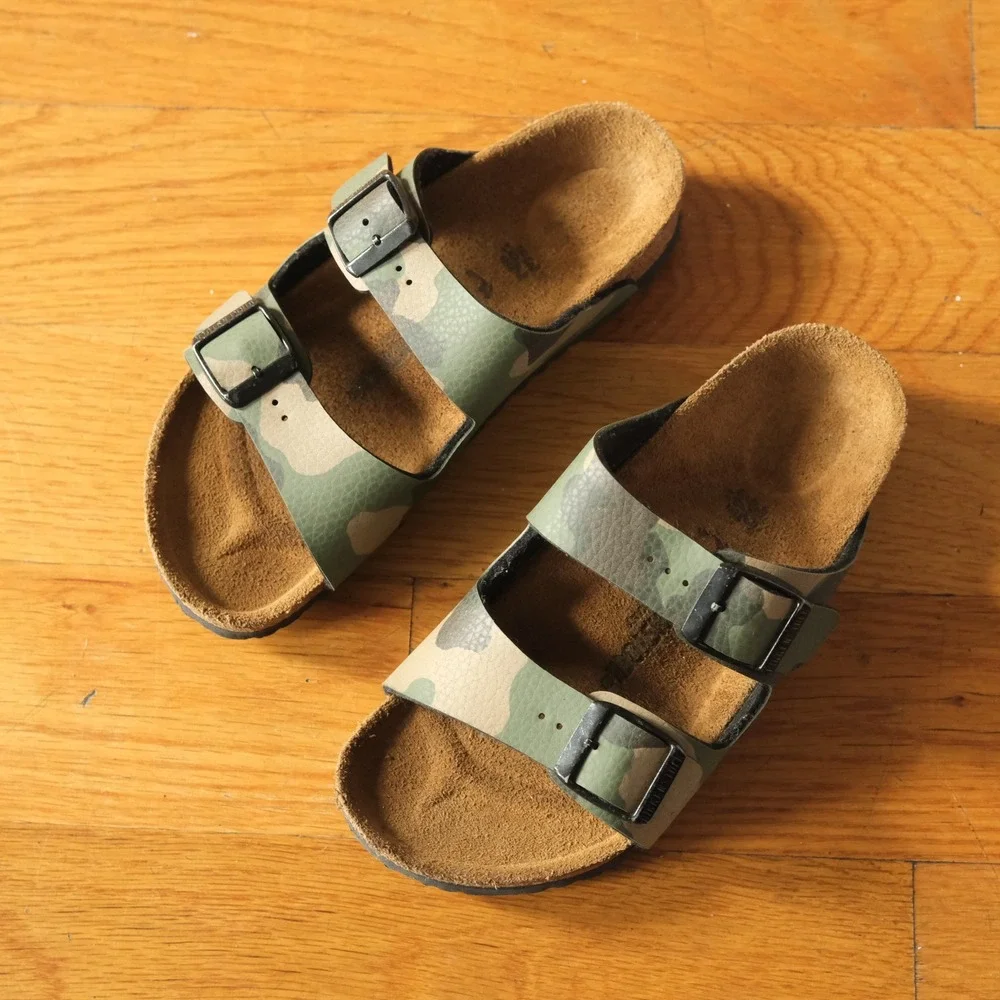 Birkenstock Arizona Sandals Green Camo Birko-Flor Cork Slides Kids Size 32 EU 1
